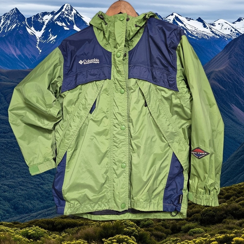 Vintage Columbia Omni-Tech Ski Jacket Women's S‎ Green Navy Hooded Waterproof